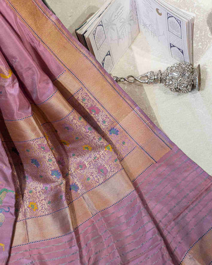 Handwoven Mulberry Banarasi Silk Saree with Minakari Bird Motifs