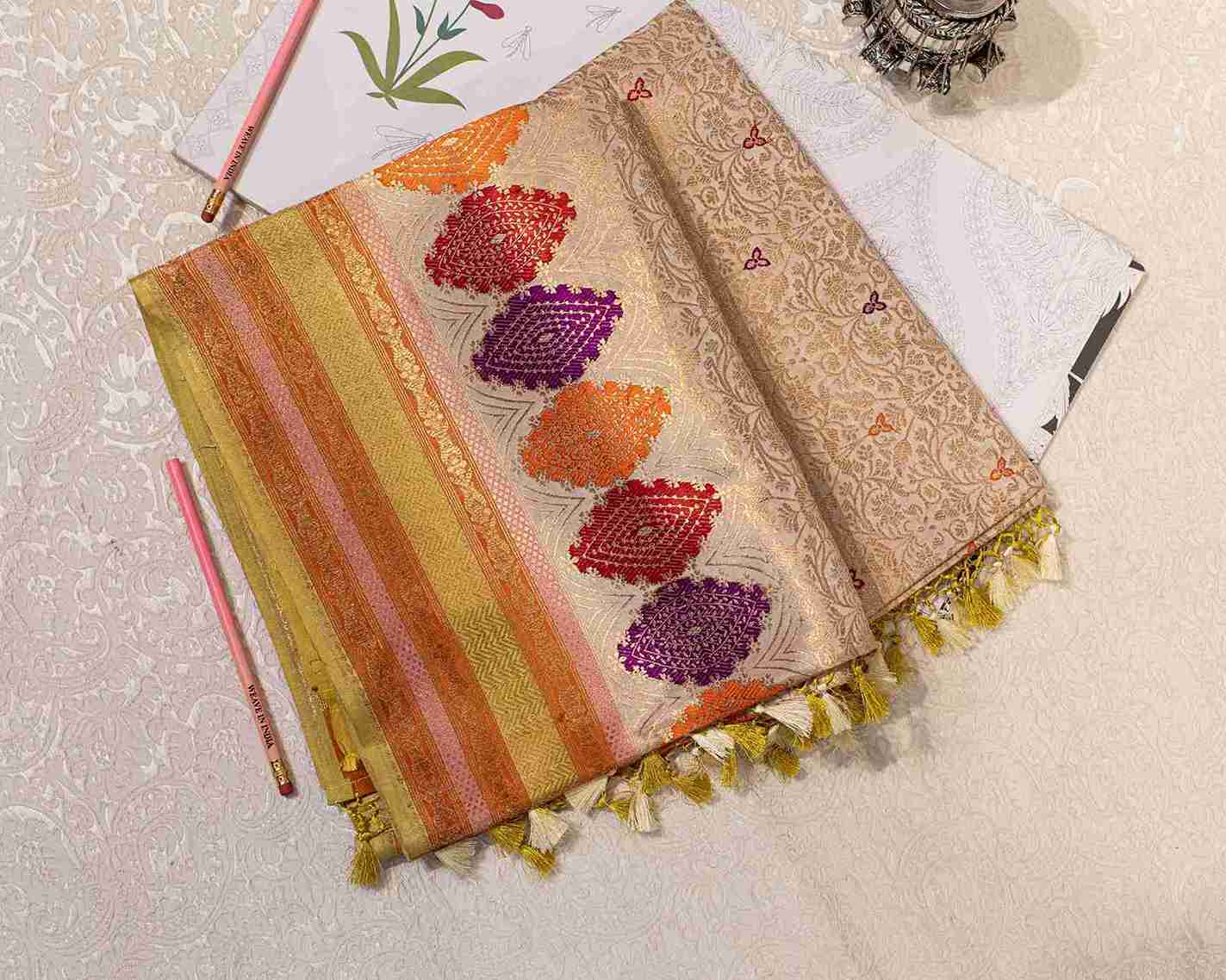 Handwoven Ecru & Gold Banarasi Silk Brocade Saree