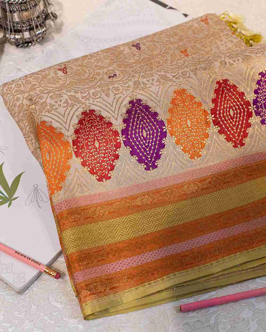 Handwoven Ecru & Gold Banarasi Silk Brocade Saree