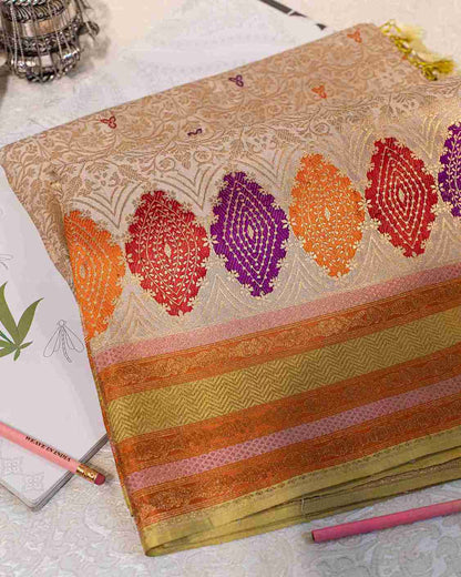 Handwoven Ecru & Gold Banarasi Silk Brocade Saree