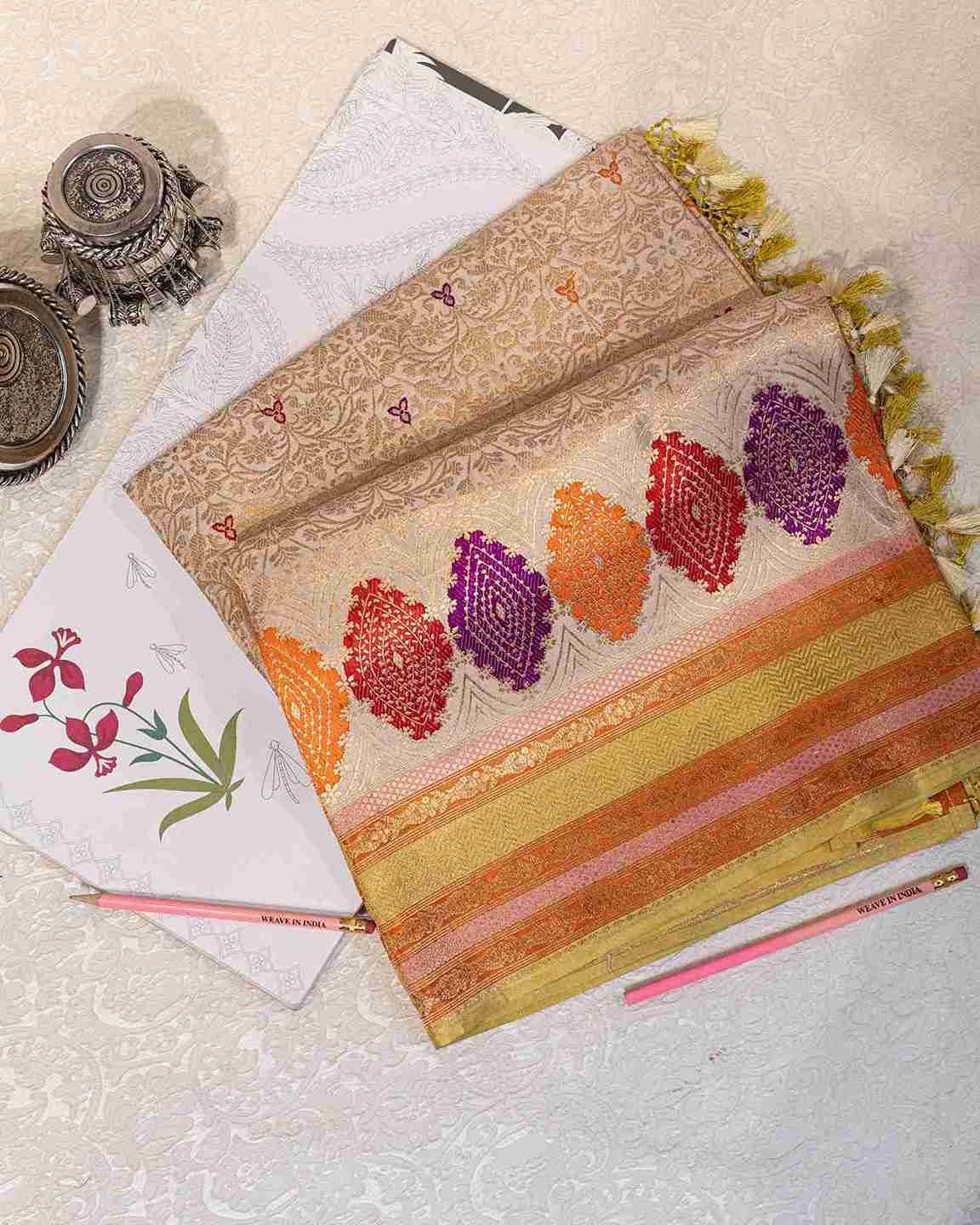 Handwoven Ecru & Gold Banarasi Silk Brocade Saree