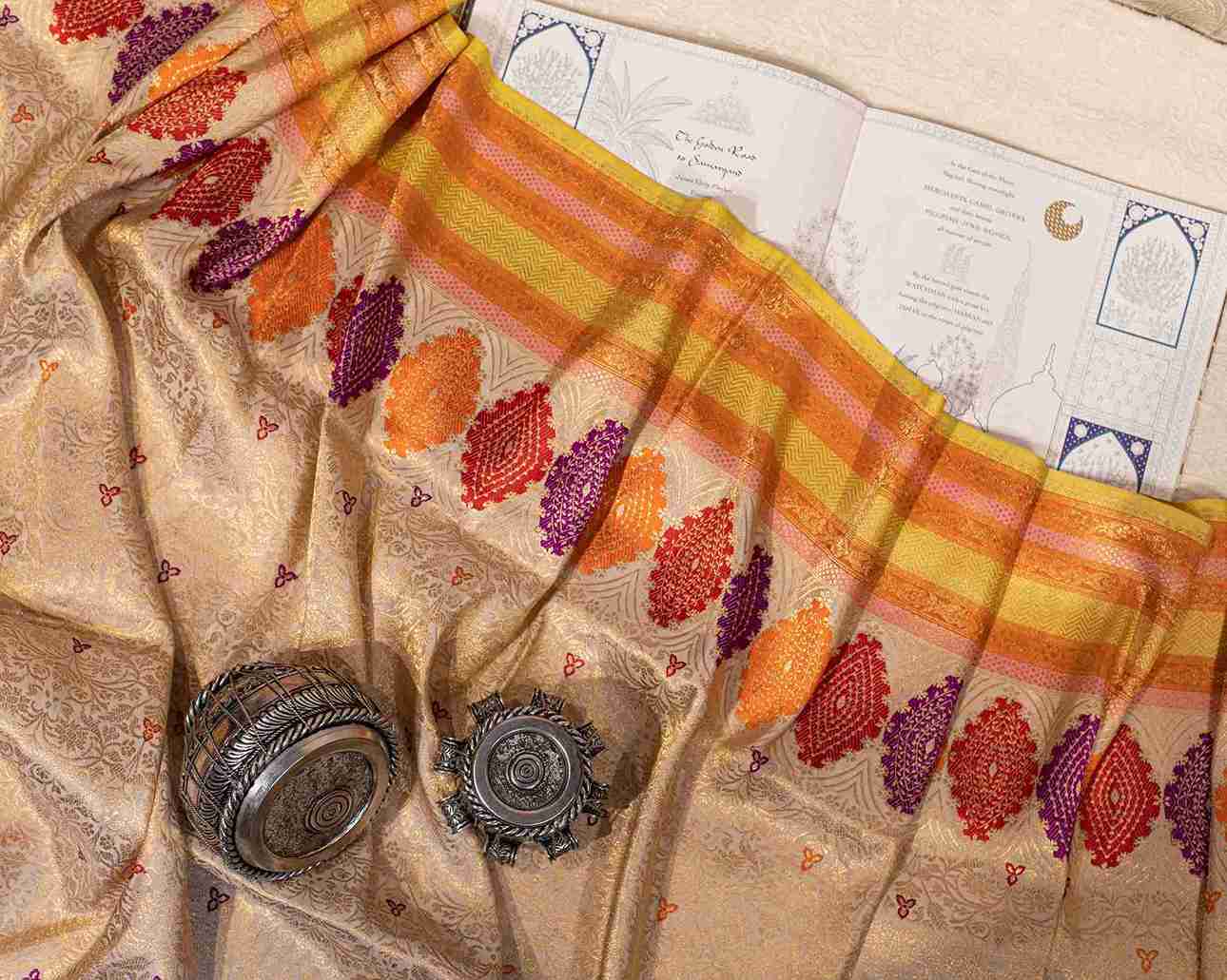 Handwoven Ecru & Gold Banarasi Silk Brocade Saree