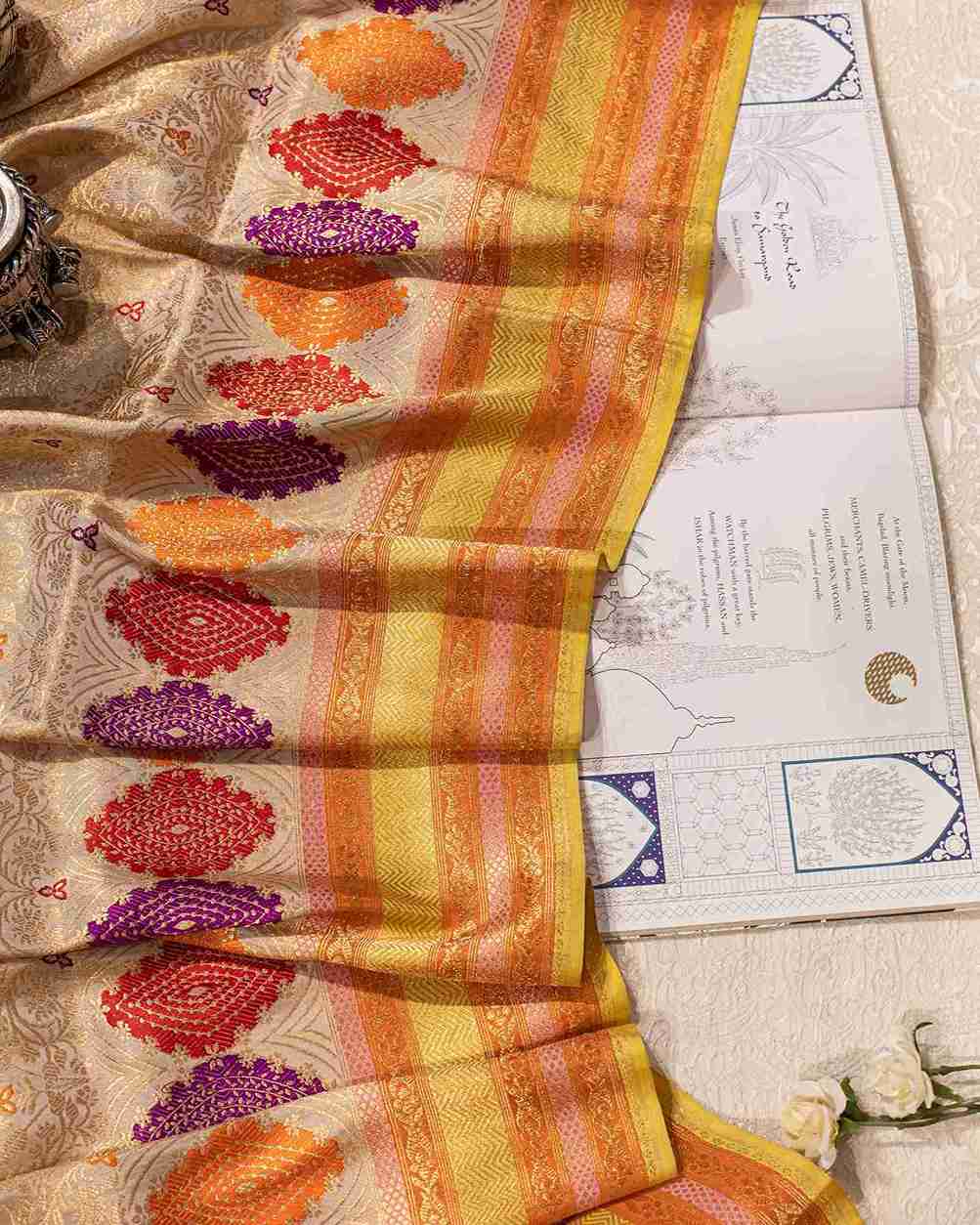 Handwoven Ecru & Gold Banarasi Silk Brocade Saree