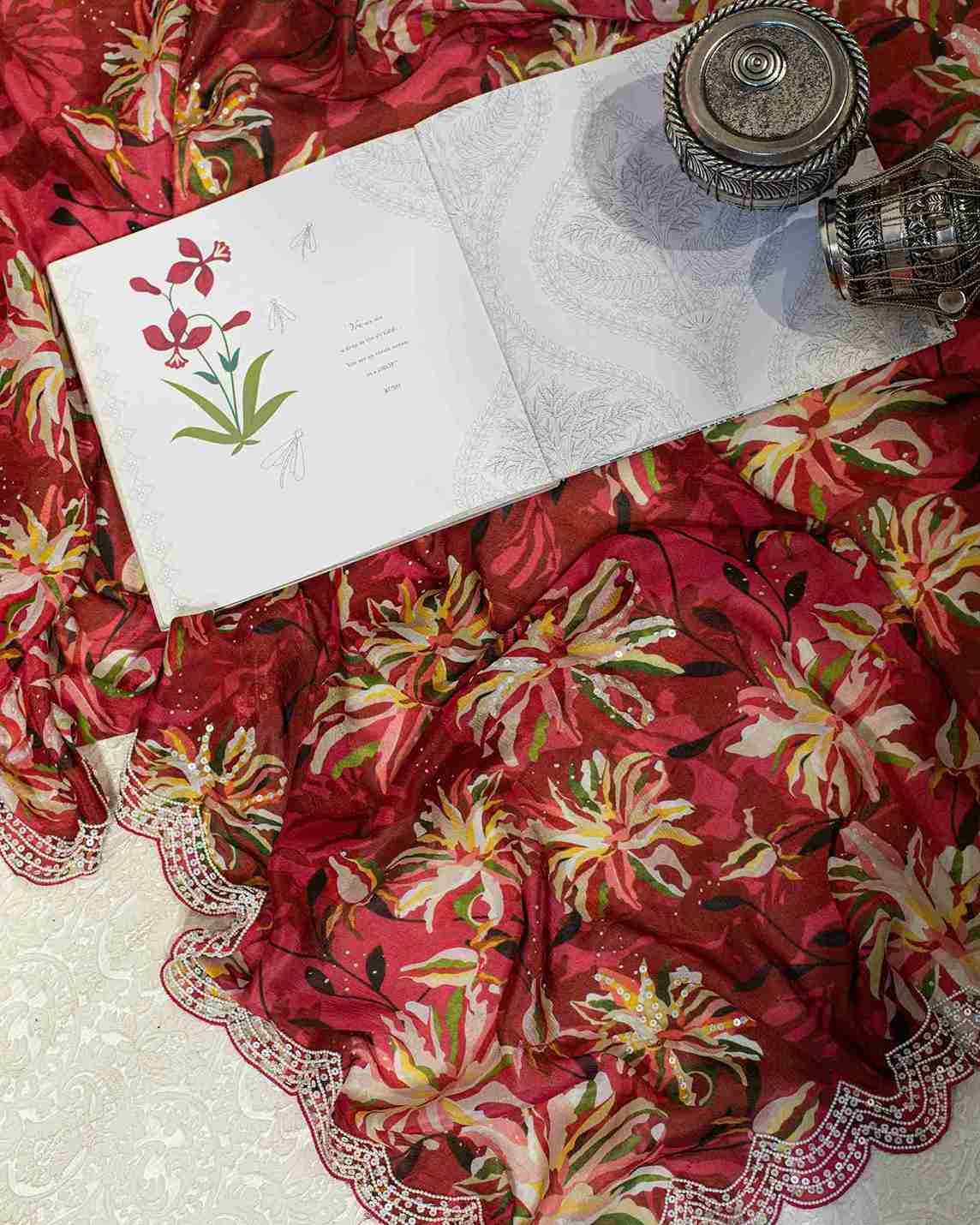Scarlet Red Chiffon Saree with Hand-Embroidered Sequin Scallops