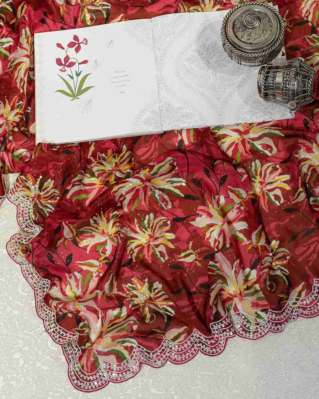 Scarlet Red Chiffon Saree with Hand-Embroidered Sequin Scallops