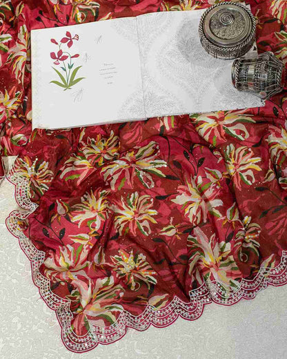 Scarlet Red Chiffon Saree with Hand-Embroidered Sequin Scallops