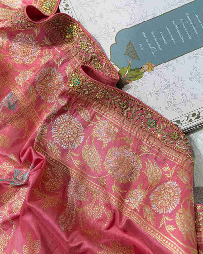 Flamingo Pink Banarasi Silk Kadwa Jaal Saree