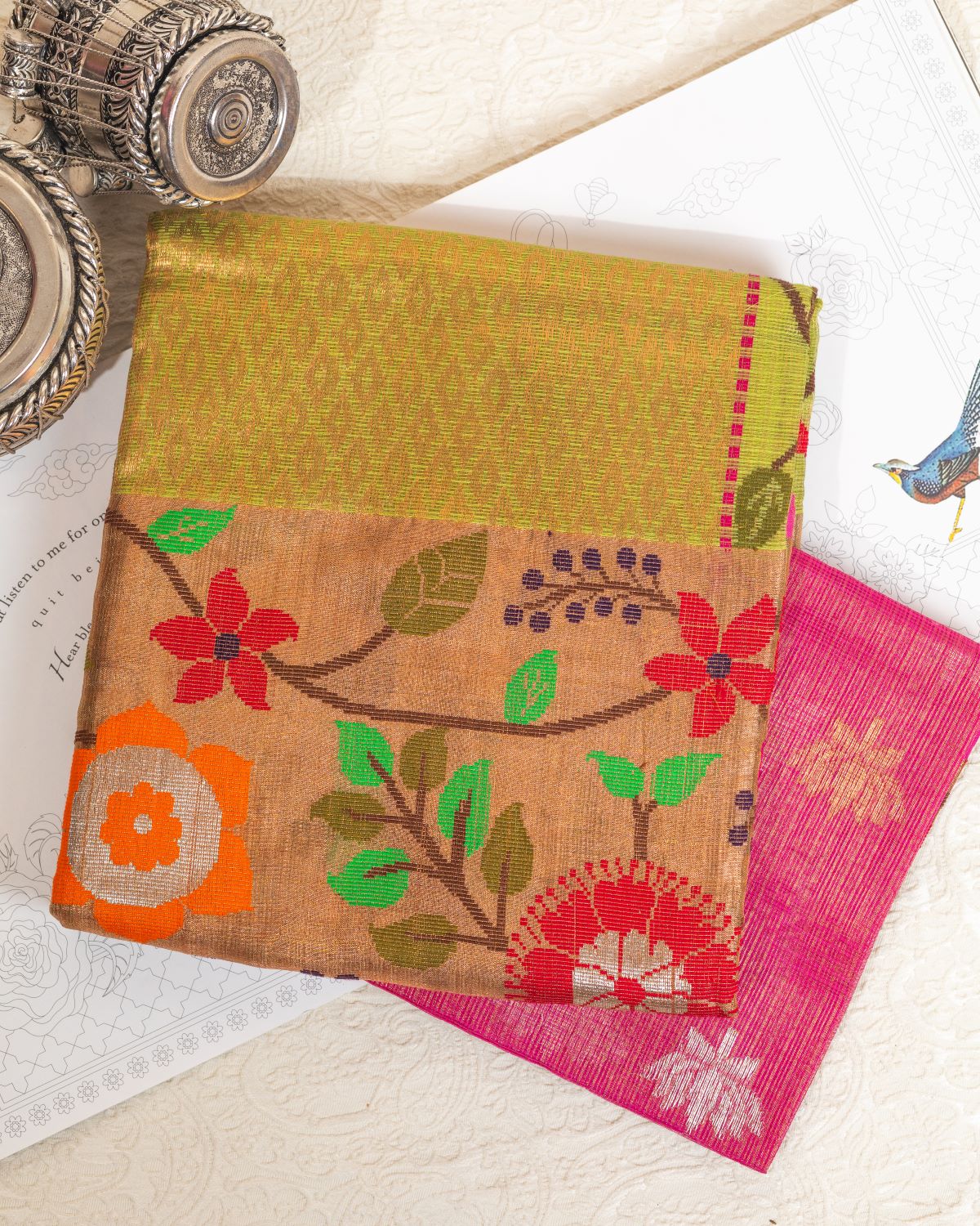 Lime Green Kota Saree with Gold Border Paithani