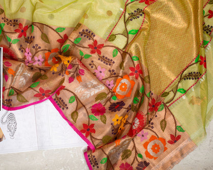 Lime Green Kota Saree with Gold Border Paithani
