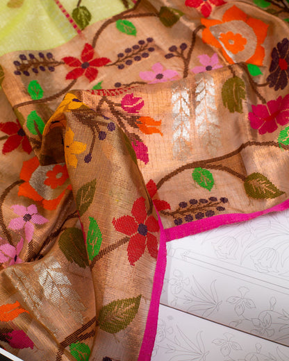 Lime Green Kota Saree with Gold Border Paithani