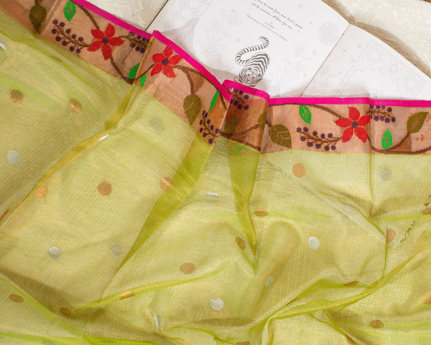 Lime Green Kota Saree with Gold Border Paithani