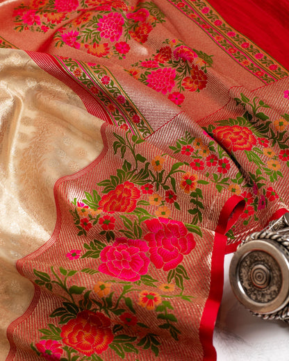 Beige and Pink Paithani Border Banarasi Sari