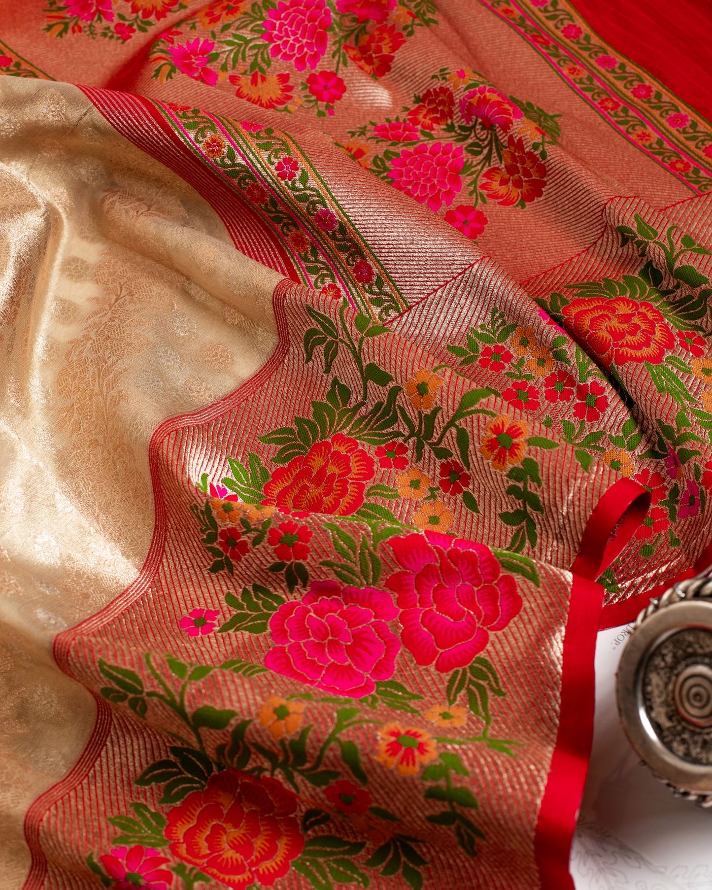 Beige and Pink Paithani Border Banarasi Sari