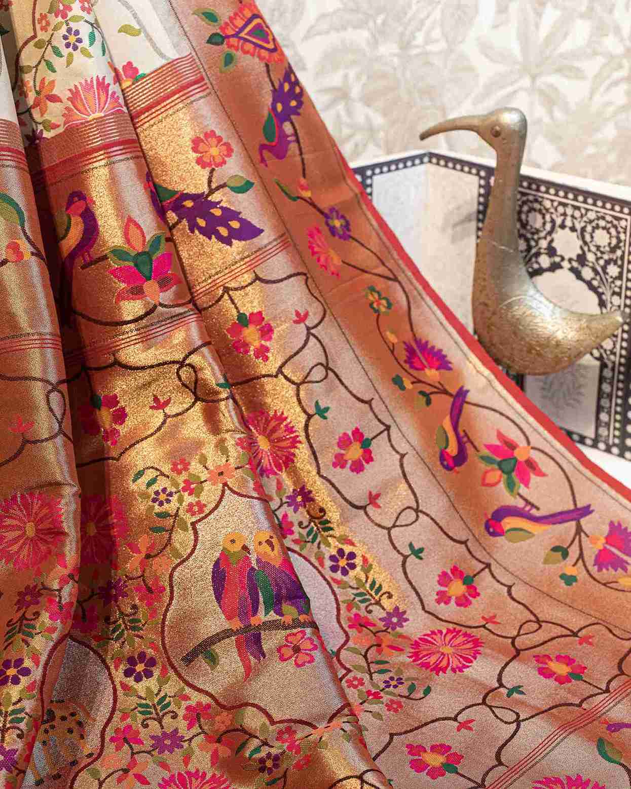 Off-White Handwoven Paithani Saree with Shikarga Motifs