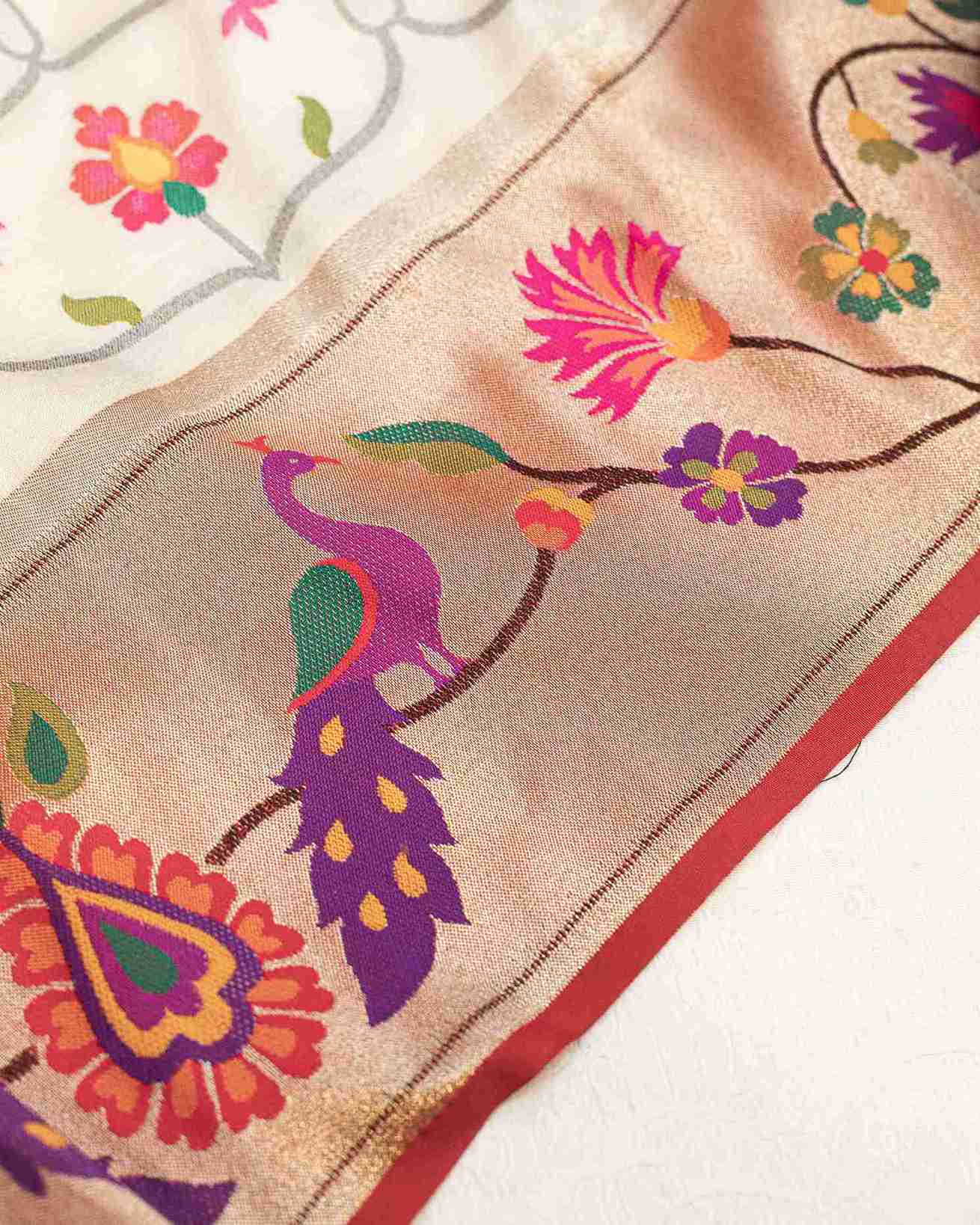 Off-White Handwoven Paithani Saree with Shikarga Motifs
