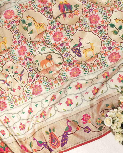 Off-White Handwoven Paithani Saree with Shikarga Motifs