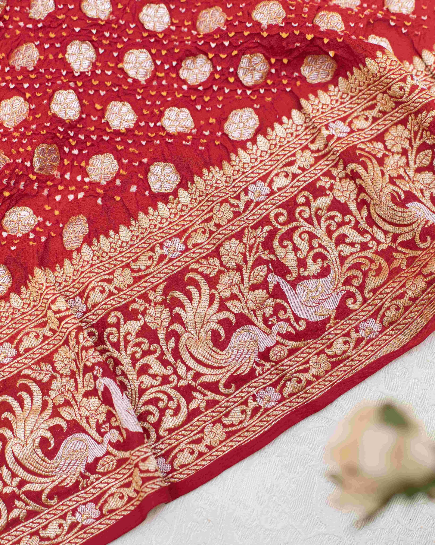 Handwoven Royal Bridal Bandhani Saree in Red