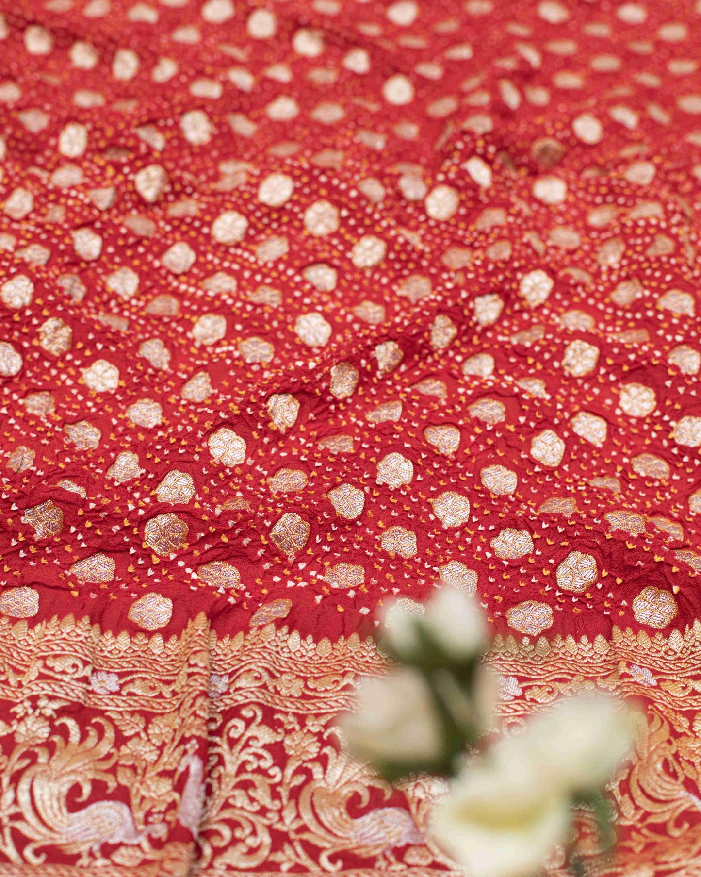 Handwoven Royal Bridal Bandhani Saree in Red