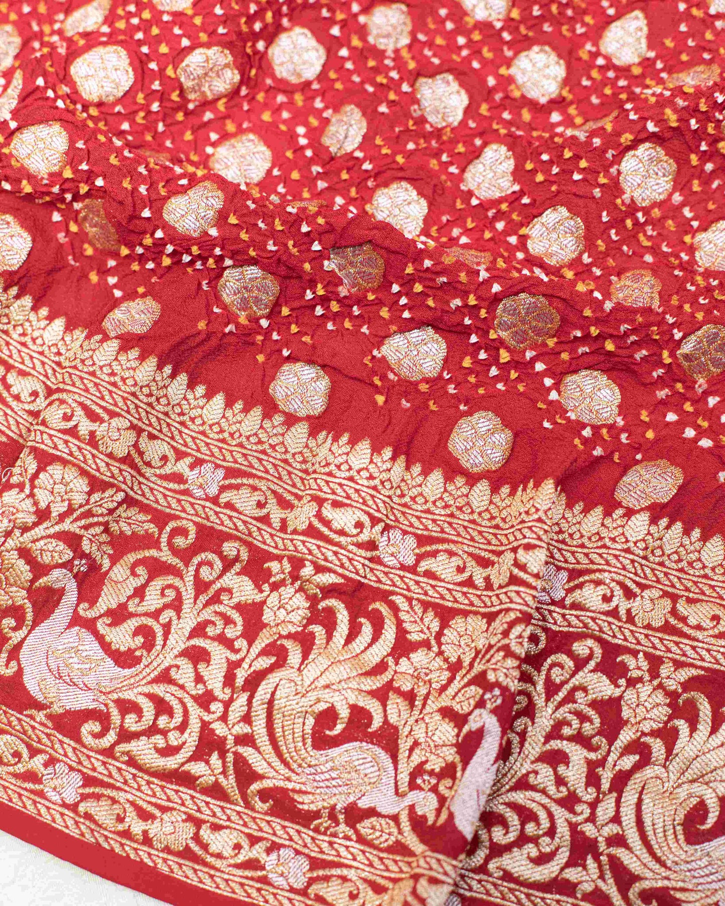 Handwoven Royal Bridal Bandhani Saree in Red