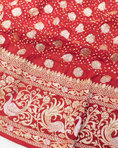 Handwoven Royal Bridal Bandhani Saree in Red