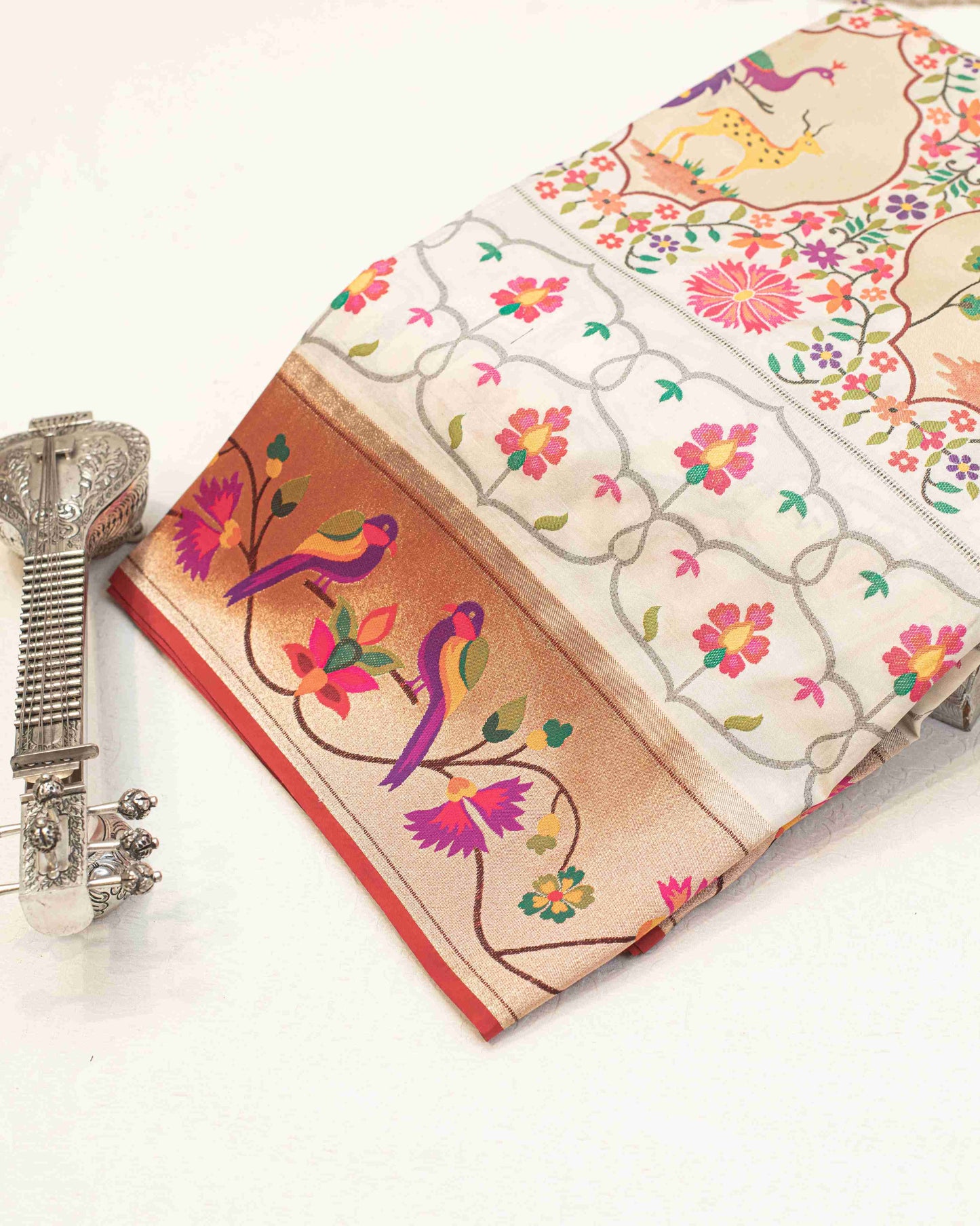 Off-White Handwoven Paithani Saree with Shikarga Motifs