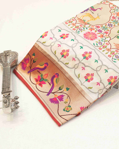 Off-White Handwoven Paithani Saree with Shikarga Motifs