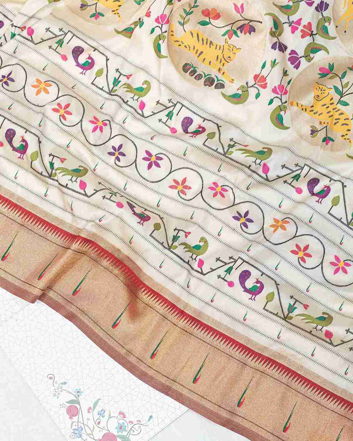 Ecru Silk Paithani Sari