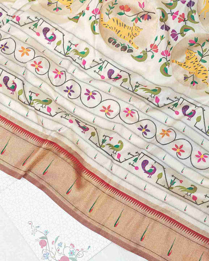 Ecru Silk Paithani Sari