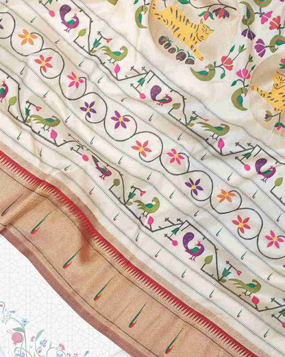 Ecru Silk Paithani Sari