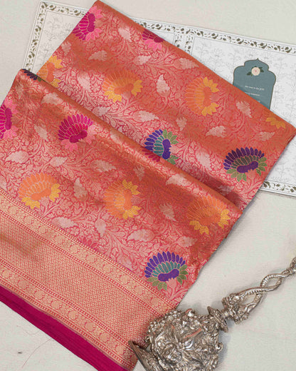 Coral Pink Handwoven Banarasi Tissue Sari