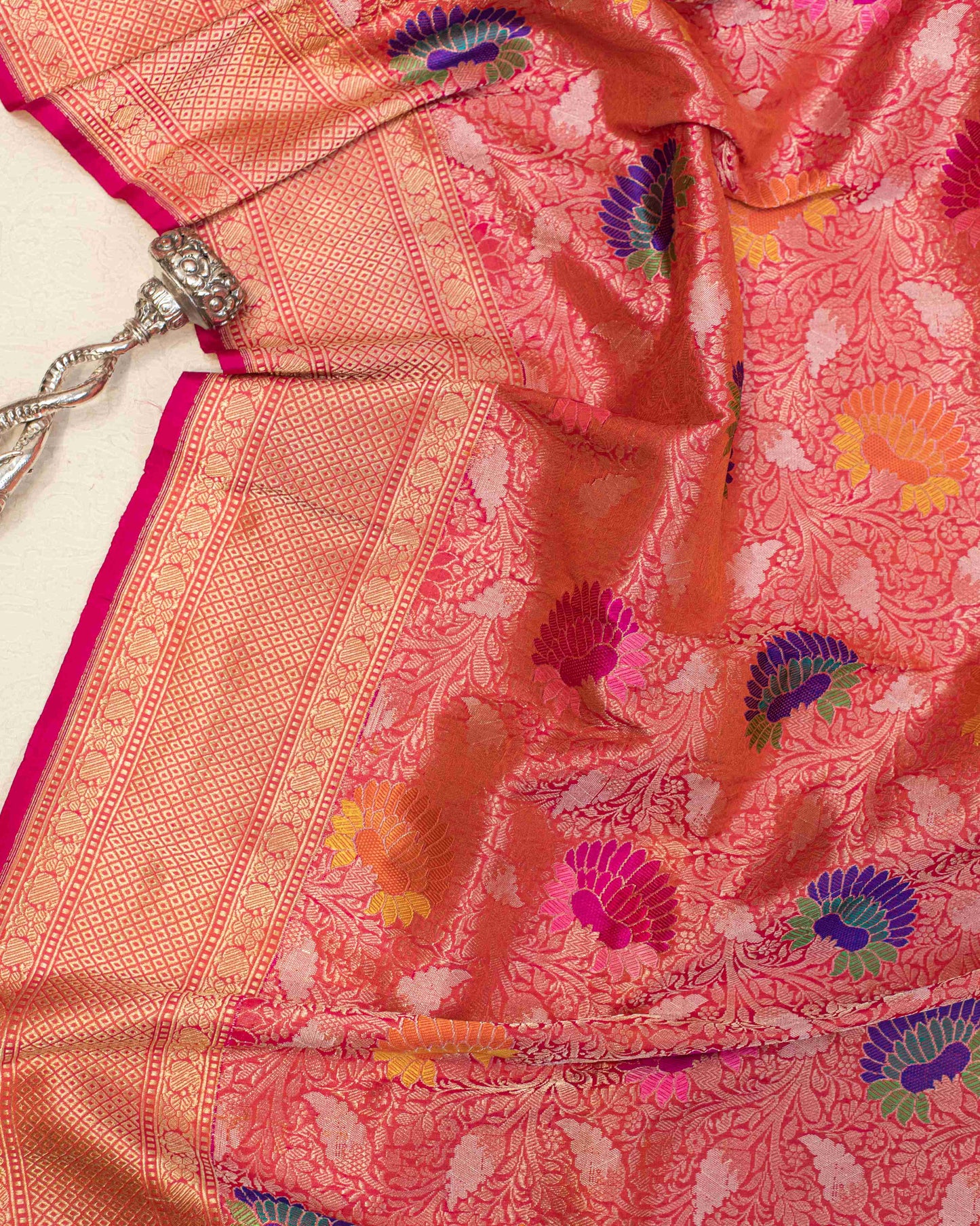 Coral Pink Handwoven Banarasi Tissue Sari