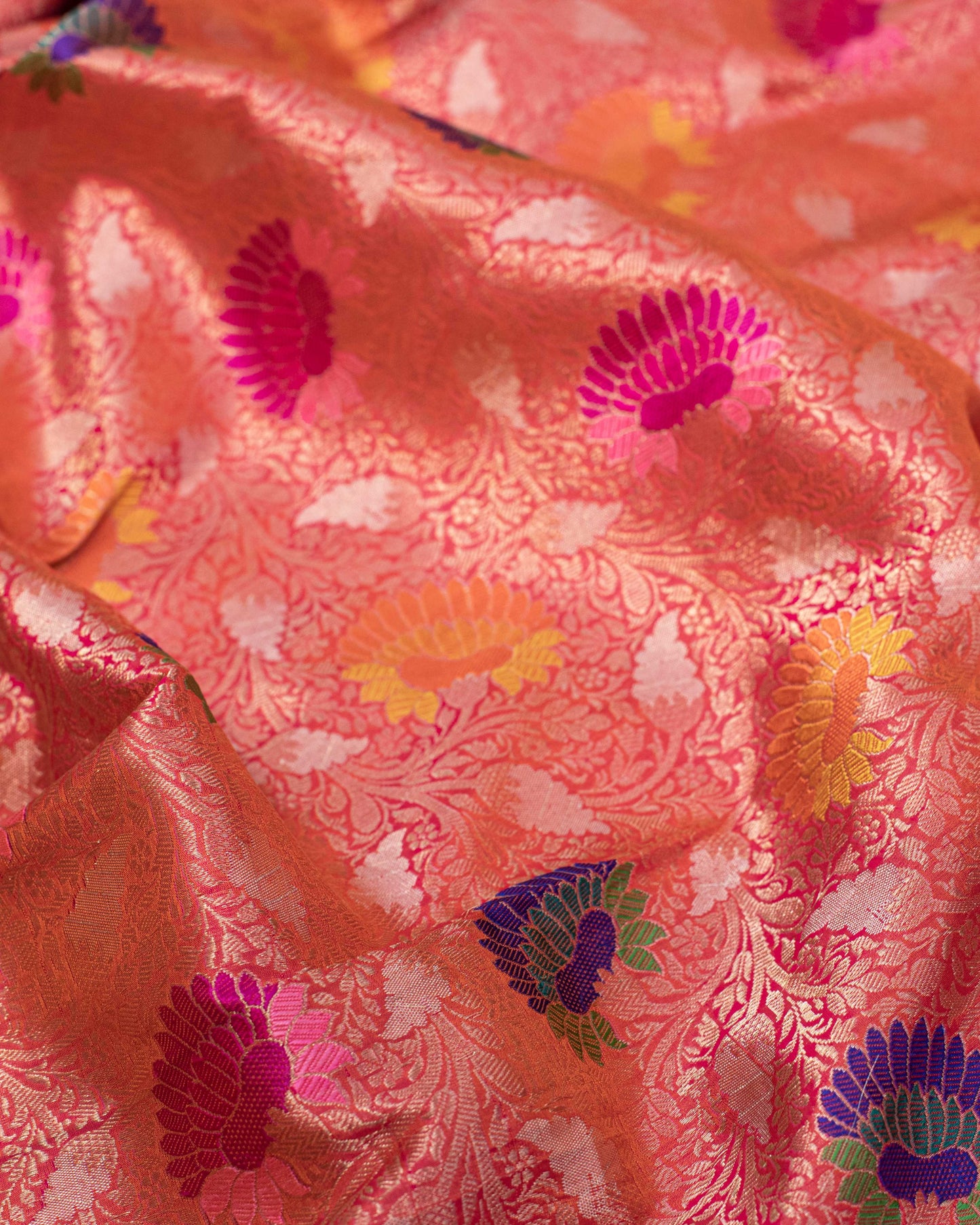 Coral Pink Handwoven Banarasi Tissue Sari