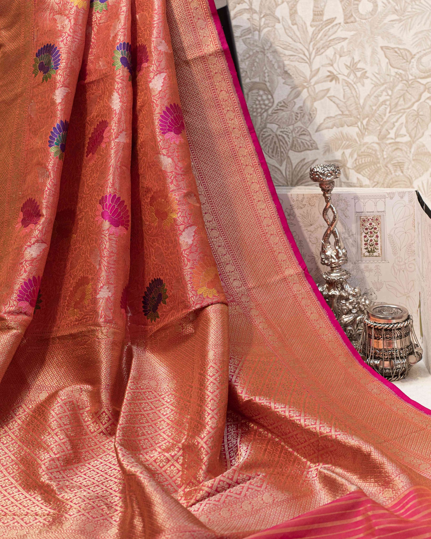 Coral Pink Handwoven Banarasi Tissue Sari