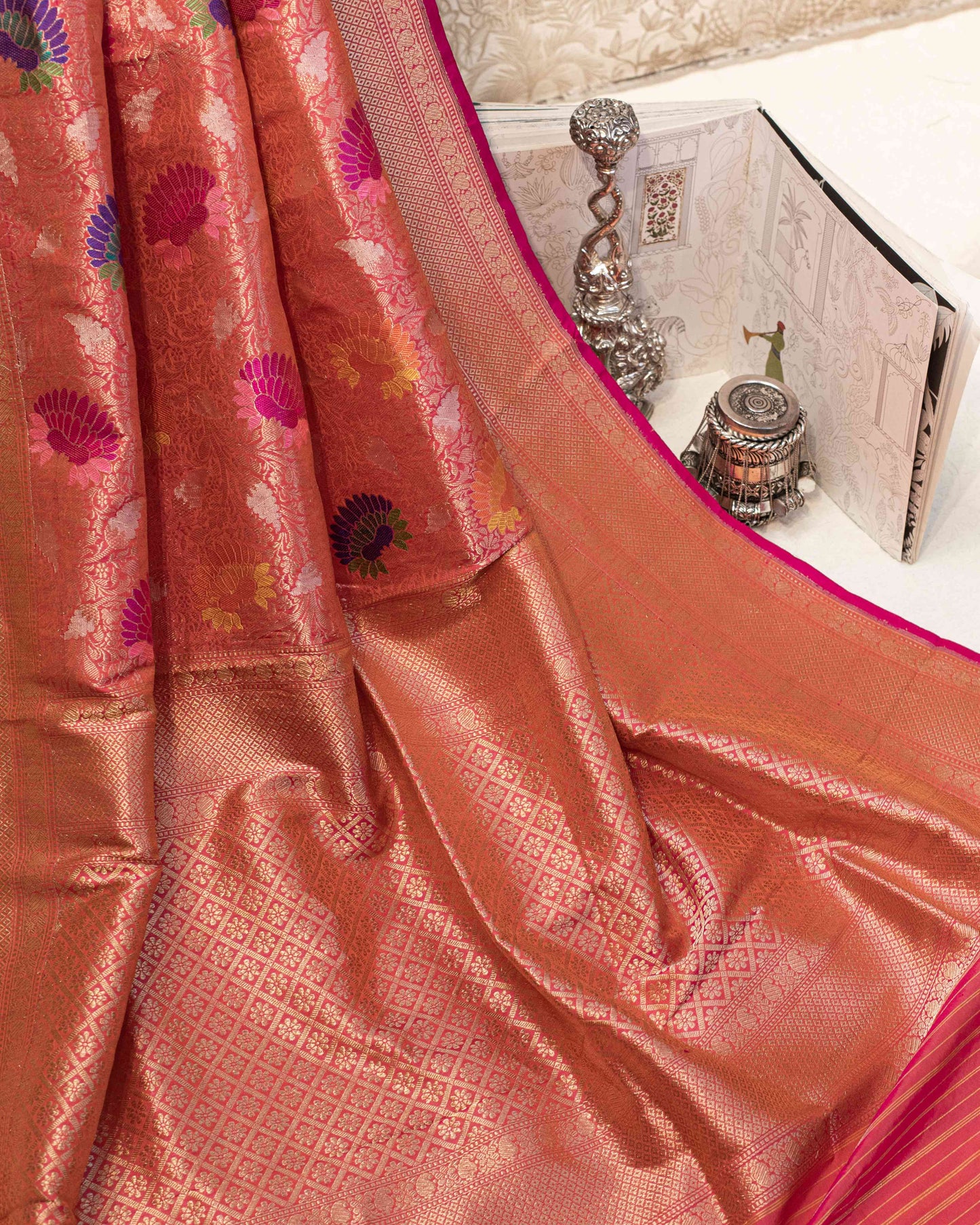 Coral Pink Handwoven Banarasi Tissue Sari