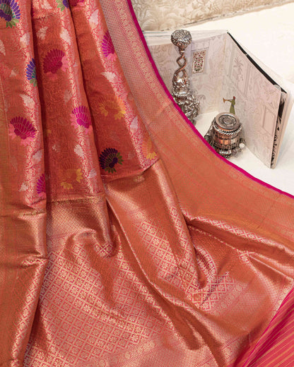 Coral Pink Handwoven Banarasi Tissue Sari