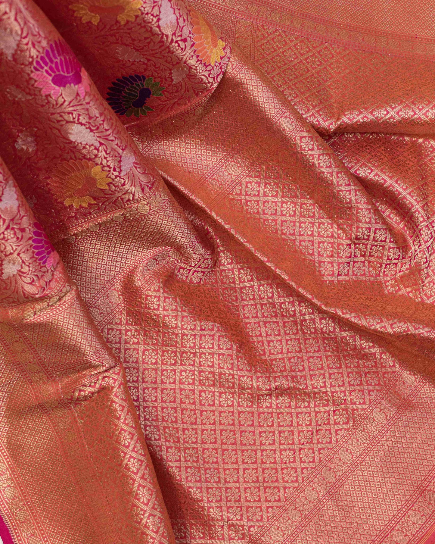 Coral Pink Handwoven Banarasi Tissue Sari
