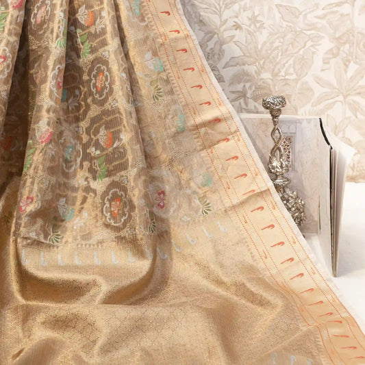 Gold Tissue Tilfi Kota Paithani Saree with Zari and Silk Motifs