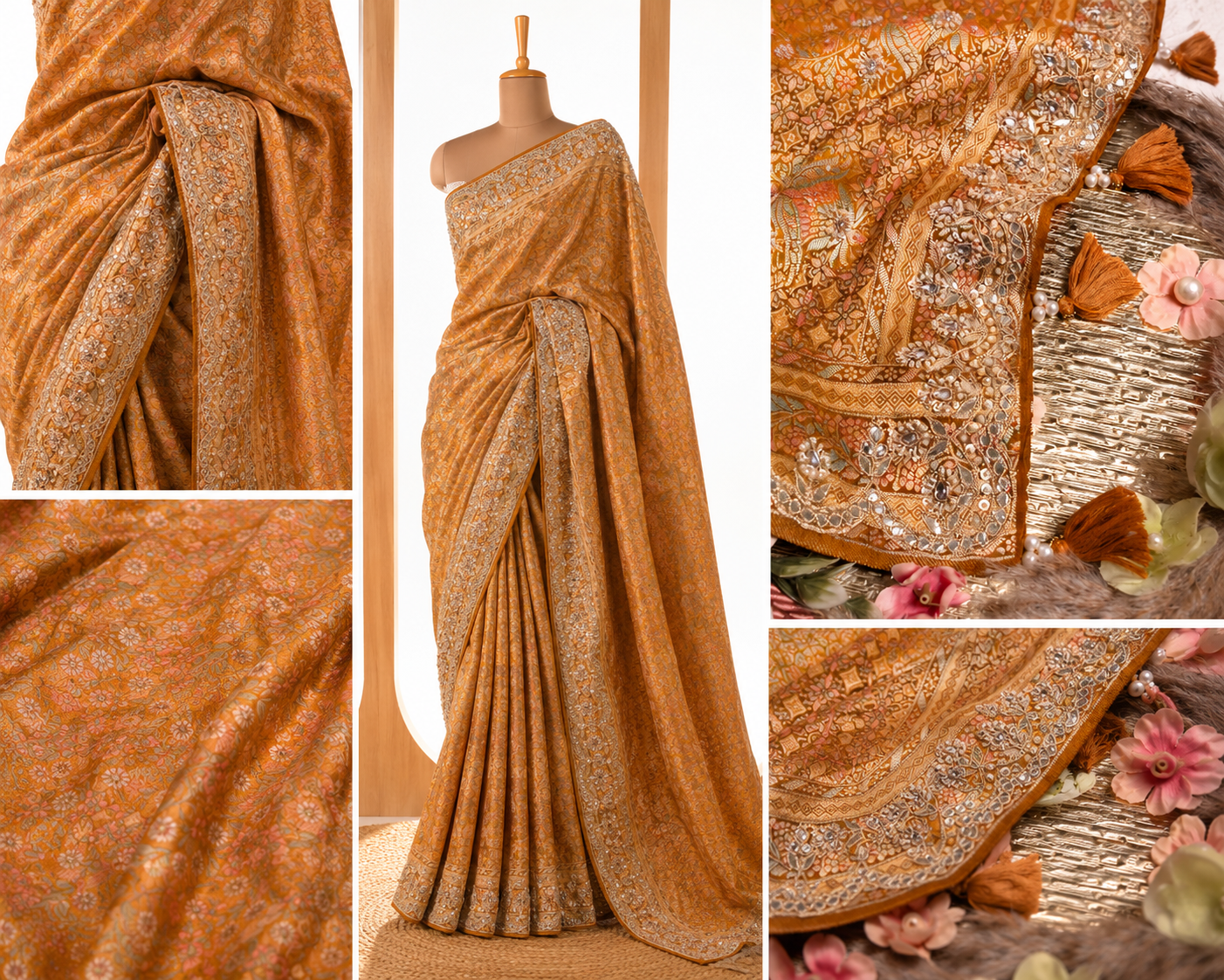 Golden Yellow Tanchoi Silk Saree with Gota Work