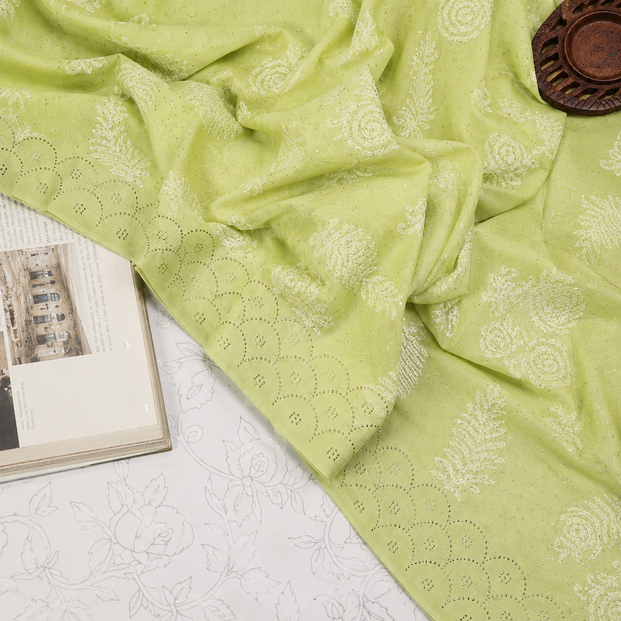 Light Lime Green Pure Georgette Chikankari Hand Embroidered Saree