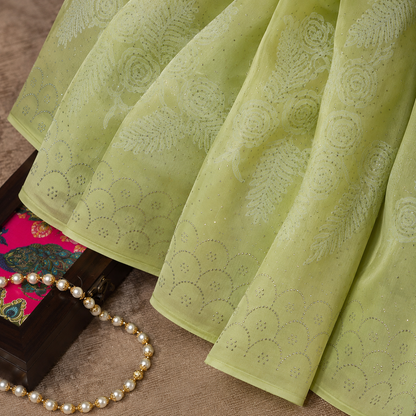 Light Lime Green Pure Georgette Chikankari Hand Embroidered Saree