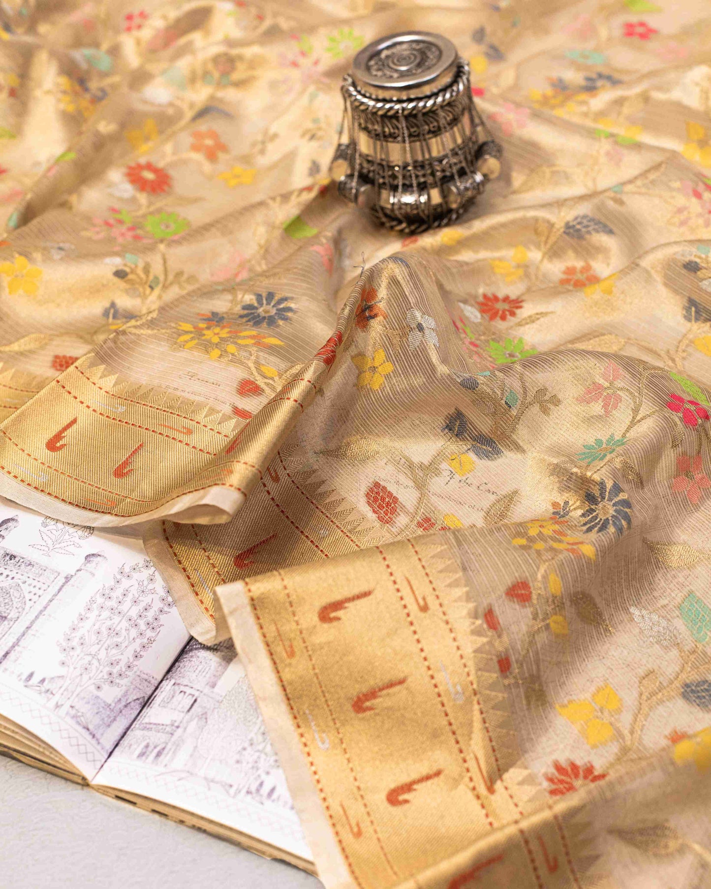 Handwoven Gold Kota with Floral Jaal Paithani Saree