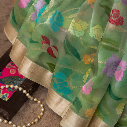Handwoven Jamdani Saree in Sage Green