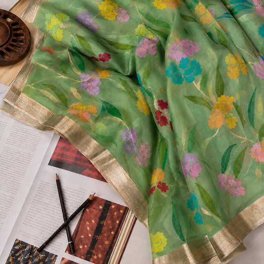 Handwoven Jamdani Saree in Sage Green