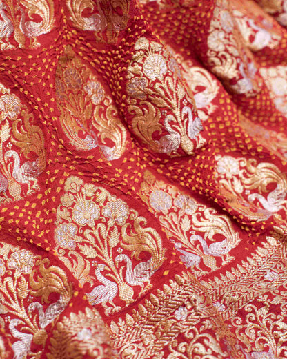 Handwoven Royal Bridal Bandhani Saree in Red