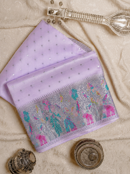 Handwoven Mashru Silk Banarasi Paithani Saree in English lavender