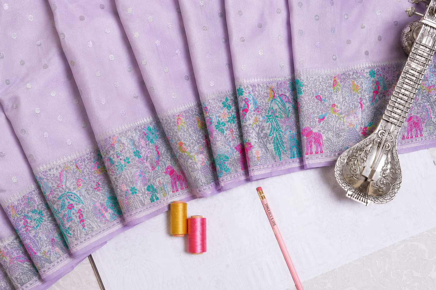 Handwoven Mashru Silk Banarasi Paithani Saree in English lavender