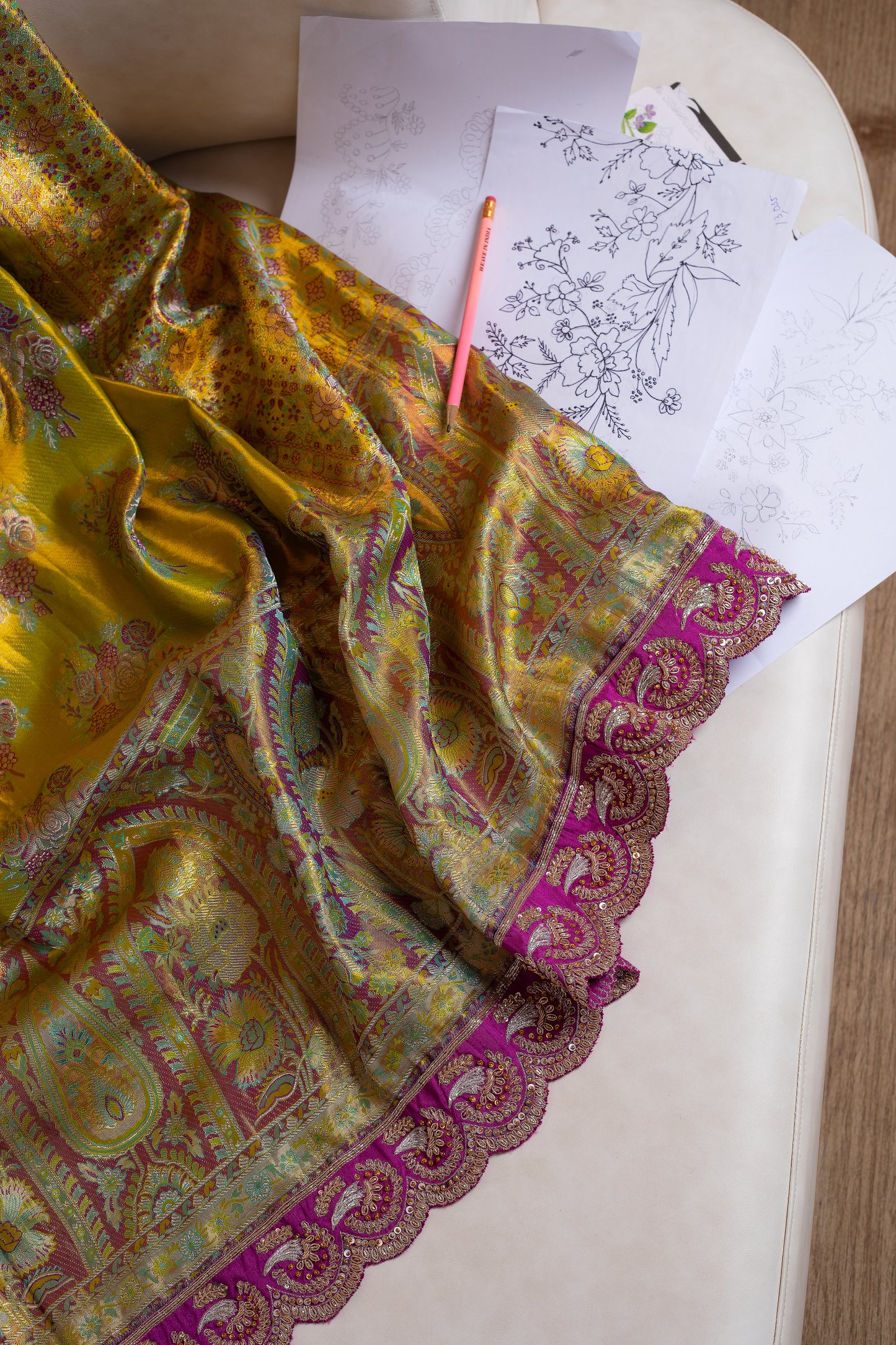 Green Kanjivaram saree with Hand embroidery
