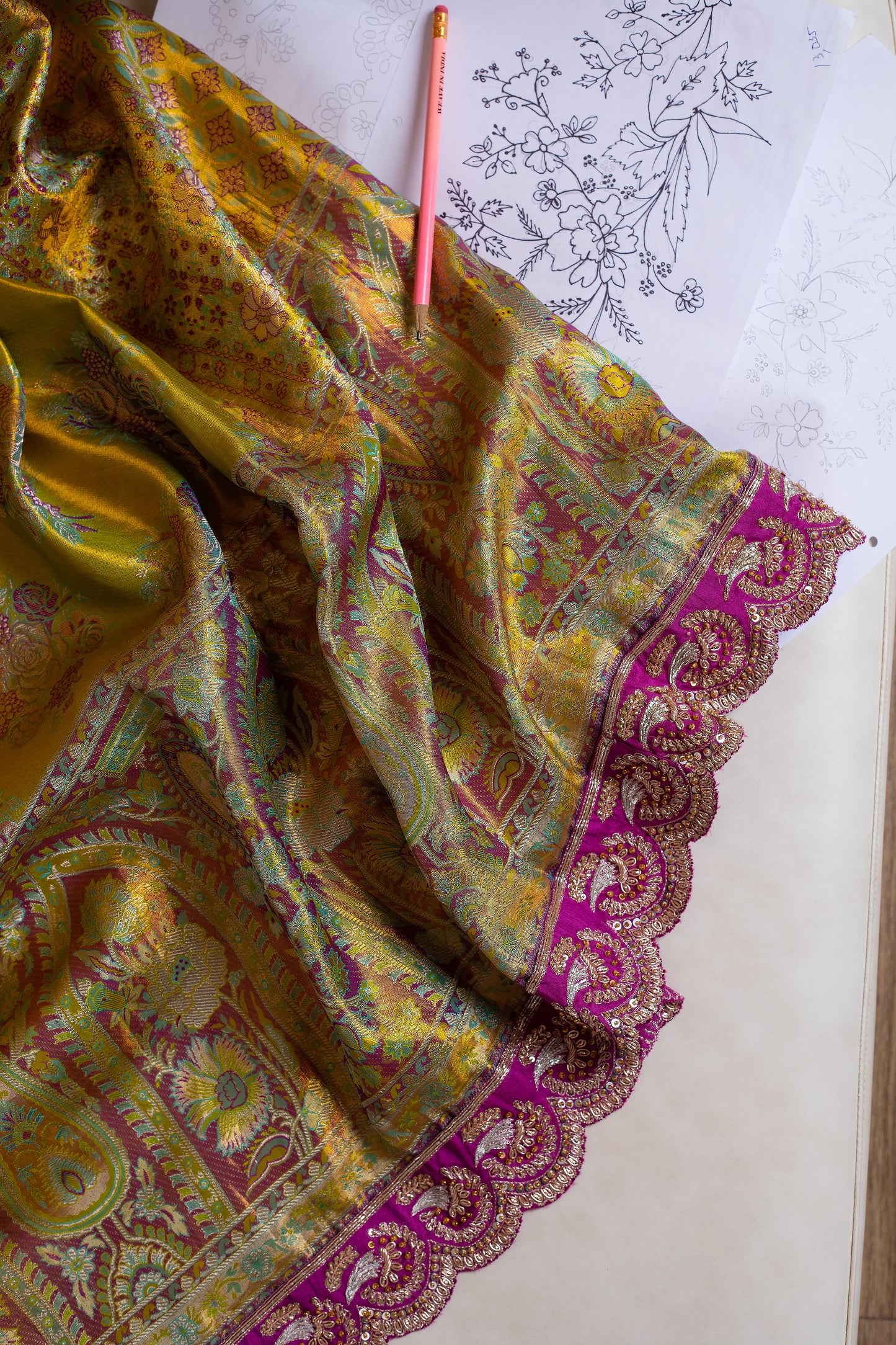 Green Kanjivaram saree with Hand embroidery