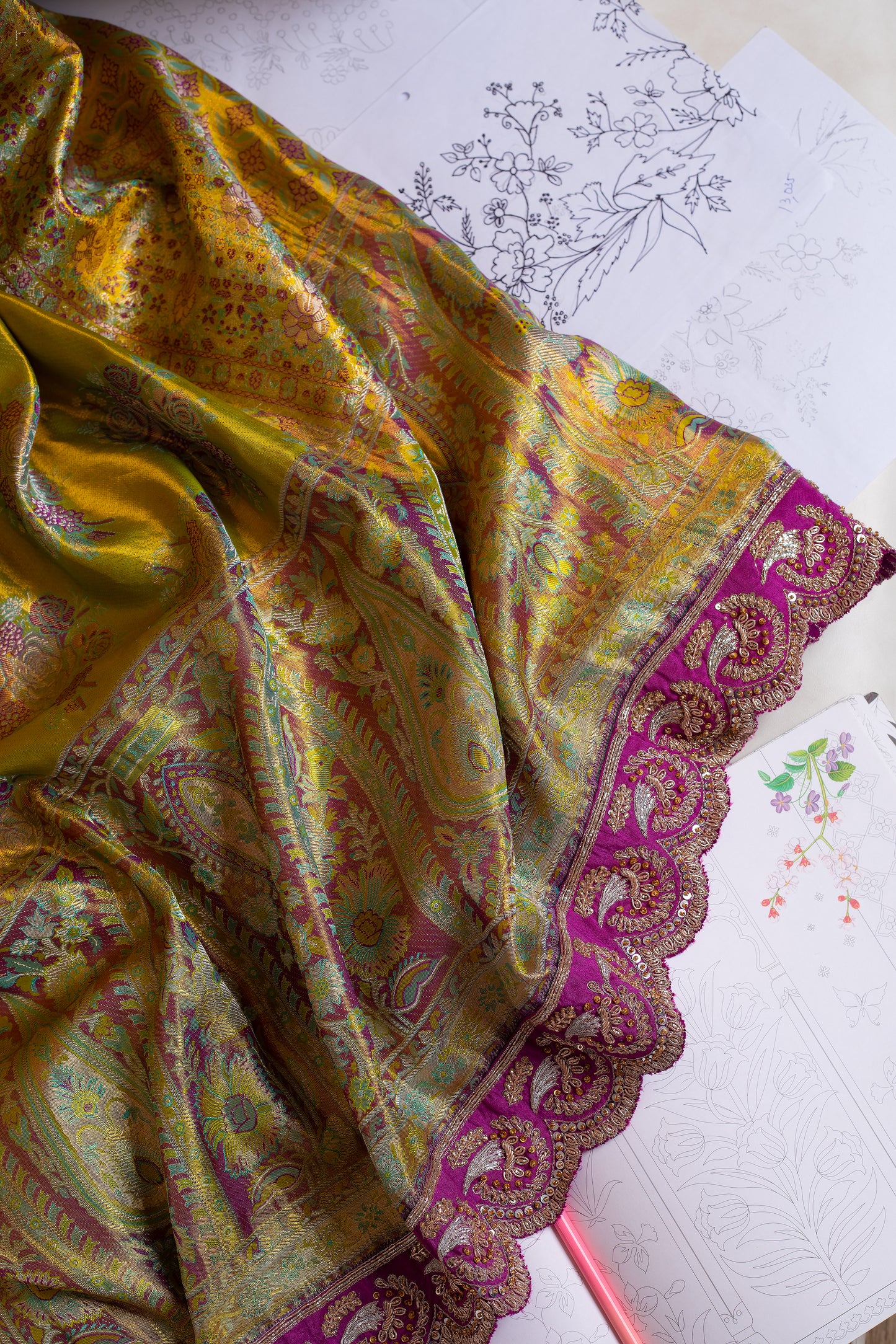 Green Kanjivaram saree with Hand embroidery