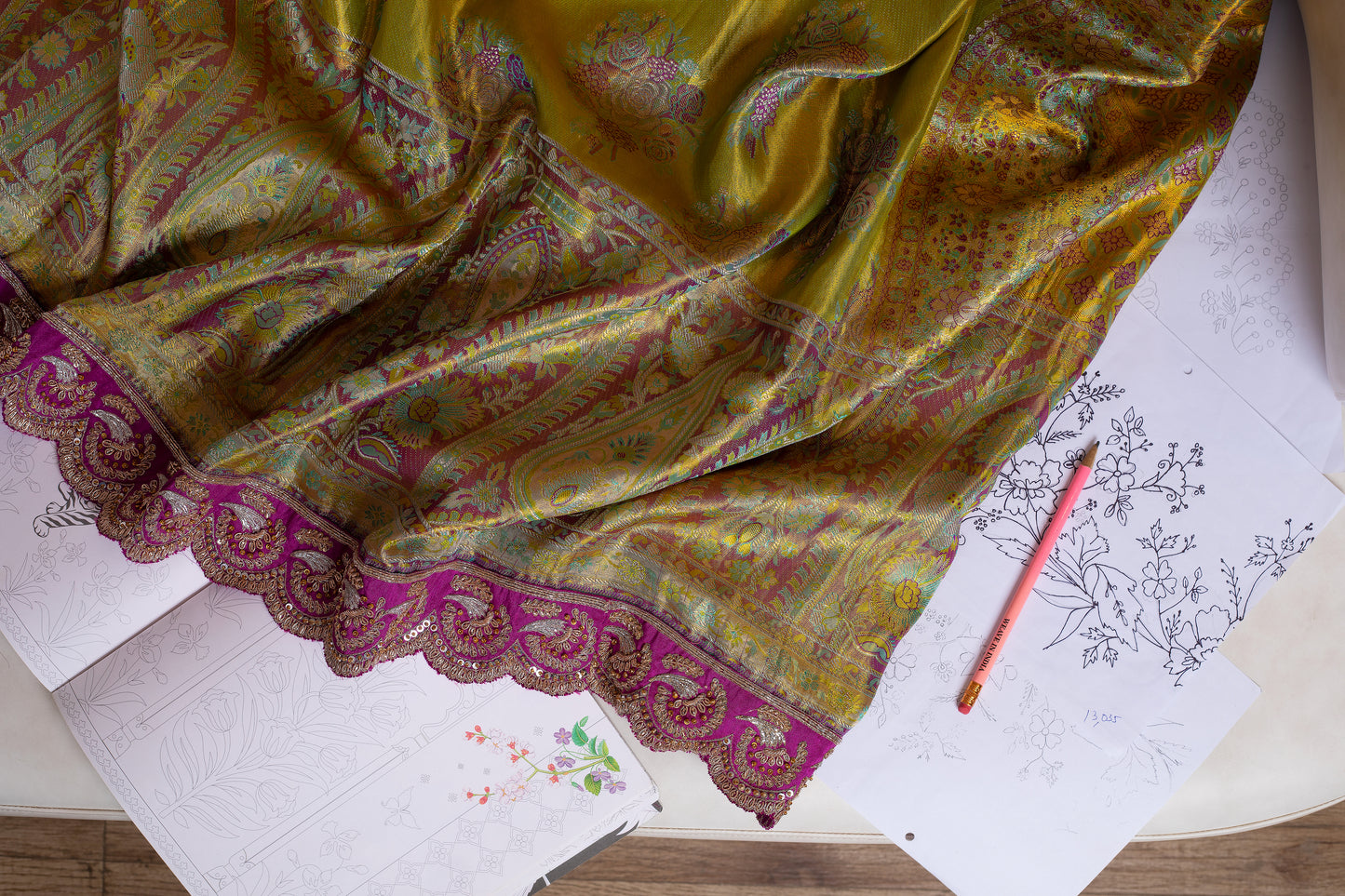 Green Kanjivaram saree with Hand embroidery